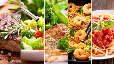 verschiedene Speisen appetitanregend zu sehen sind Pommes, Steak, Salat, mageres Fleisch, Garnelen, Spaghetti, Tacos, gegrilltes und Kaffee